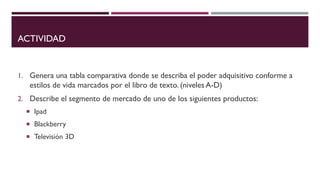 ACTIVIDAD
1. Genera una tabla comparativa donde se describa el poder adquisitivo conforme a
estilos de vida marcados por el libro de texto. (niveles A-D)
2. Describe el segmento de mercado de uno de los siguientes productos:
 Ipad
 Blackberry
 Televisión 3D
 
