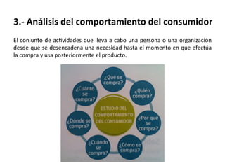 3.-­‐	
  Análisis	
  del	
  comportamiento	
  del	
  consumidor	
  
El	
  conjunto	
  de	
  acEvidades	
  que	
  lleva	
  a	
  cabo	
  una	
  persona	
  o	
  una	
  organización	
  
desde	
  que	
  se	
  desencadena	
  una	
  necesidad	
  hasta	
  el	
  momento	
  en	
  que	
  efectúa	
  
la	
  compra	
  y	
  usa	
  posteriormente	
  el	
  producto.	
  
	
  
 