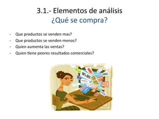 3.1.-­‐	
  Elementos	
  de	
  análisis	
  
¿Qué	
  se	
  compra?	
  
-­‐  Que	
  productos	
  se	
  venden	
  mas?	
  
-­‐  Que	
  productos	
  se	
  venden	
  menos?	
  
-­‐  Quien	
  aumenta	
  las	
  ventas?	
  
-­‐  Quien	
  Eene	
  peores	
  resultados	
  comerciales?	
  
	
  
 