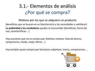 3.1.-­‐	
  Elementos	
  de	
  análisis	
  
¿Por	
  qué	
  se	
  compra?	
  
	
  
MoEvos	
  por	
  los	
  que	
  se	
  adquiere	
  un	
  producto	
  
(beneﬁcios	
  que	
  se	
  buscan	
  en	
  un	
  bien/servicio	
  y	
  las	
  necesidades	
  a	
  saEsfacer)	
  
La	
  publicidad	
  y	
  los	
  vendedores	
  ayudan	
  al	
  consumidor	
  (beneﬁcios,	
  forma	
  de	
  
uso,	
  caracterísEcas	
  ...)	
  
	
  
Hay	
  ocasiones	
  que	
  no	
  se	
  compra	
  por	
  disEntos	
  moEvos:	
  falta	
  de	
  dinero,	
  
compromiso,	
  miedo,	
  mejor	
  oferta	
  ...)	
  
	
  
Hay	
  también	
  quien	
  compra	
  por	
  funciones	
  subjeEvas:	
  marca,	
  componentes	
  ...	
  
 