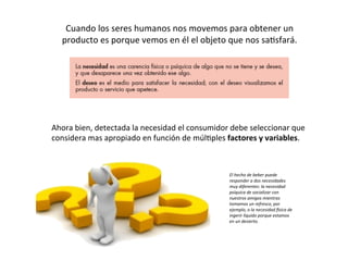 Cuando	
  los	
  seres	
  humanos	
  nos	
  movemos	
  para	
  obtener	
  un	
  
producto	
  es	
  porque	
  vemos	
  en	
  él	
  el	
  objeto	
  que	
  nos	
  saEsfará.	
  
El	
  hecho	
  de	
  beber	
  puede	
  
responder	
  a	
  dos	
  necesidades	
  
muy	
  diferentes:	
  la	
  necesidad	
  
psíquica	
  de	
  socializar	
  con	
  
nuestros	
  amigos	
  mientras	
  
tomamos	
  un	
  refresco,	
  por	
  
ejemplo,	
  o	
  la	
  necesidad	
  <sica	
  de	
  
ingerir	
  líquido	
  porque	
  estamos	
  
en	
  un	
  desierto.	
  
Ahora	
  bien,	
  detectada	
  la	
  necesidad	
  el	
  consumidor	
  debe	
  seleccionar	
  que	
  
considera	
  mas	
  apropiado	
  en	
  función	
  de	
  múlEples	
  factores	
  y	
  variables.	
  
 