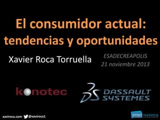 El consumidor actual:
tendencias y oportunidades
Xavier Roca Torruella

xaviroca.com

@xaviroca1

ESADECREAPOLIS
21 noviembre 2013

 