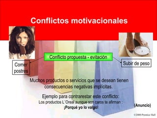 Conflictos motivacionales Conflicto propuesta - evitación Comer postres Subir de peso Muchos productos o servicios que se desean tienen consecuencias negativas implícitas.  Ejemplo para contrarestar este conflicto:  Los productos L´Oreal aunque son caros te afirman :  ¡Porqué yo lo valgo! (Anuncio) 