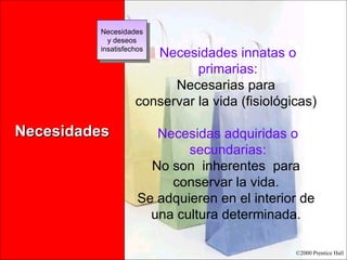 Necesidades Necesidades y deseos insatisfechos Necesidades innatas o primarias: Necesarias para  conservar la vida (fisiológicas)  Necesidas adquiridas o secundarias: No son  inherentes  para  conservar la vida.  Se adquieren en el interior de  una cultura determinada.  
