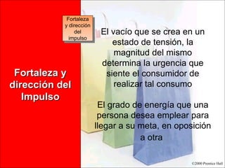 Fortaleza y dirección del  Impulso El vacío que se crea en un estado de tensión, la magnitud del mismo determina la urgencia que siente el consumidor de realizar tal consumo El grado de energía que una persona desea emplear para llegar a su meta, en oposición a otra   Fortaleza y dirección del impulso 
