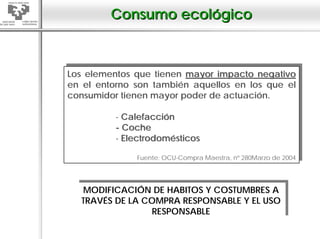 Consumo ecológico


 Los elementos que tienen mayor impacto negativo
Los elementos que tienen mayor impacto negativo
 en el entorno son también aquellos en los que el
en el entorno son también aquellos en los que el
 consumidor tienen mayor poder de actuación.
consumidor tienen mayor poder de actuación.

          --Calefacción
             Calefacción
          --Coche
             Coche
          --Electrodomésticos
             Electrodomésticos

               Fuente: OCU-Compra Maestra, nº 280Marzo de 2004
              Fuente: OCU-Compra Maestra, nº 280Marzo de 2004



   MODIFICACIÓN DE HABITOS Y COSTUMBRES A
  MODIFICACIÓN DE HABITOS Y COSTUMBRES A
   TRAVÉS DE LA COMPRA RESPONSABLE Y EL USO
  TRAVÉS DE LA COMPRA RESPONSABLE Y EL USO
                  RESPONSABLE
                 RESPONSABLE
 