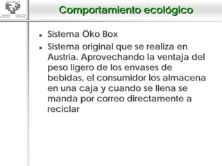 Comportamiento ecológico

Sistema Öko Box
Sistema original que se realiza en
Austria. Aprovechando la ventaja del
peso ligero de los envases de
bebidas, el consumidor los almacena
en una caja y cuando se llena se
manda por correo directamente a
reciclar
 