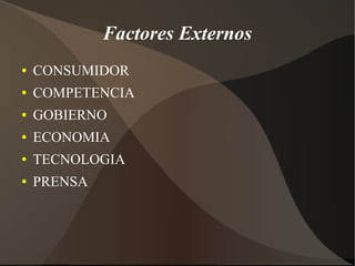 Factores Externos
● CONSUMIDOR
● COMPETENCIA
● GOBIERNO
● ECONOMIA
● TECNOLOGIA
● PRENSA