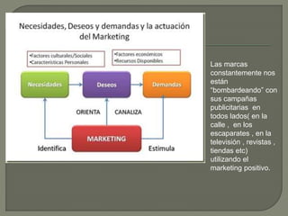 Las marcas
constantemente nos
están
“bombardeando” con
sus campañas
publicitarias en
todos lados( en la
calle , en los
escaparates , en la
televisión , revistas ,
tiendas etc)
utilizando el
marketing positivo.
 