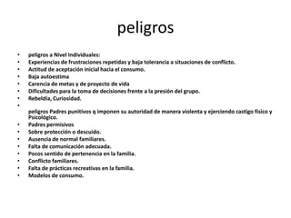 peligros
• peligros a Nivel Individuales:
• Experiencias de frustraciones repetidas y baja tolerancia a situaciones de conflicto.
• Actitud de aceptación inicial hacia el consumo.
• Baja autoestima
• Carencia de metas y de proyecto de vida
• Dificultades para la toma de decisiones frente a la presión del grupo.
• Rebeldía, Curiosidad.
•
peligros Padres punitivos q imponen su autoridad de manera violenta y ejerciendo castigo físico y
Psicológico.
• Padres permisivos
• Sobre protección o descuido.
• Ausencia de normal familiares.
• Falta de comunicación adecuada.
• Pocos sentido de pertenencia en la familia.
• Conflicto familiares.
• Falta de prácticas recreativas en la familia.
• Modelos de consumo.
 