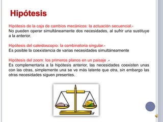 Hipótesis de la caja de cambios mecánicos: la actuación secuencial.- 
No pueden operar simultáneamente dos necesidades, al sufrir una sustituye 
a la anterior. 
Hipótesis del caleidoscopio: la combinatoria singular.- 
Es posible la coexistencia de varias necesidades simultáneamente 
Hipótesis del zoom: los primeros planos en un paisaje .- 
Es complementaria a la hipótesis anterior, las necesidades coexisten unas 
con las otras, simplemente una se ve más latente que otra, sin embargo las 
otras necesidades siguen presentes. 
 