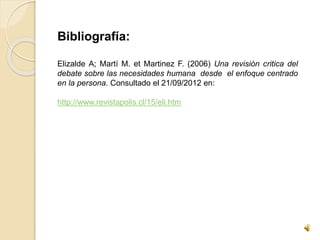Bibliografía: 
Elizalde A; Martí M. et Martinez F. (2006) Una revisión critica del 
debate sobre las necesidades humana desde el enfoque centrado 
en la persona. Consultado el 21/09/2012 en: 
http://www.revistapolis.cl/15/eli.htm 
