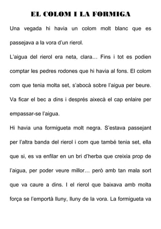 EL COLOM I LA FORMIGA
Una vegada hi havia un colom molt blanc que es
passejava a la vora d’un rierol.
L’aigua del rierol era neta, clara… Fins i tot es podien
comptar les pedres rodones que hi havia al fons. El colom
com que tenia molta set, s’abocà sobre l’aigua per beure.
Va ficar el bec a dins i després aixecà el cap enlaire per
empassar-se l’aigua.
Hi havia una formigueta molt negra. S’estava passejant
per l’altra banda del rierol i com que també tenia set, ella
que si, es va enfilar en un bri d’herba que creixia prop de
l’aigua, per poder veure millor… però amb tan mala sort
que va caure a dins. I el rierol que baixava amb molta
força se l’emportà lluny, lluny de la vora. La formigueta va
 