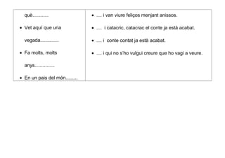 què............
• Vet aquí que una
vegada..............
• Fa molts, molts
anys...............
• En un pais del món.........
• .... i van viure feliços menjant anissos.
• .... i catacric, catacrac el conte ja està acabat.
• .... i conte contat ja està acabat.
• .... i qui no s’ho vulgui creure que ho vagi a veure.
 