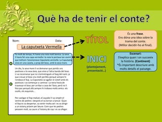 Nom: Data:
La caputxeta Vermella
És una frase.
Ens dóna una idea sobre la
trama del conte.
(Millor decidir-ho al final).
Fa molt de temps, hi havia una noia molt bonica. La seva
li havia fet una capa vermella i la noia la portava tan sovint
que tothom l'anomenava Caputxeta vermella. La Caputxeta
vivia en una caseta, a prop del bosc, amb la seva mare.
(plantejament,
presentació…)
Escenari:
S’explica quan i on succeeix
la història. (Continent)
*És important descriure amb
molts detalls el paisatge.
Per castigar el llop malvat, el caçador li va omplir el
ventre de pedres i després el va tornar a tancar. Quan
el llop es va despertar, va sentir molta set i es va dirigir
a un estany pròxim per beure. Com que les pedres
pesaven molt, va caure a l'estany de cop i es va ofegar.
Un dia, la seva mare li va demanar que portés uns
pastissos a la seva àvia, que vivia a l'altra banda del bosc.
Li va recomanar que no s'entretingués al llarg del camí, ja
que creuar el bosc era molt perillós perquè sempre hi
rondava el llop. La Caputxeta va agafar el cistell amb els
pastissos i va començar a caminar. La nena havia de
travessar el bosc per arribar a casa de l'àvia, però no li
feia por perquè allà sempre hi trobava molts amics: els
ocells, els esquirols...
 