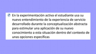  En la experimentación activa el estudiante usa su
nuevo entendimiento de la experiencia de servicio
desarrollado durante la conceptualización abstracta
para estimular una aplicación de su nuevo
conocimiento a esta situación dentro del contexto de
unas opciones específicas
 