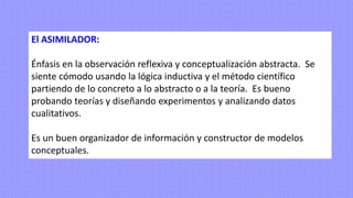 El ASIMILADOR:
Énfasis en la observación reflexiva y conceptualización abstracta. Se
siente cómodo usando la lógica inductiva y el método científico
partiendo de lo concreto a lo abstracto o a la teoría. Es bueno
probando teorías y diseñando experimentos y analizando datos
cualitativos.
Es un buen organizador de información y constructor de modelos
conceptuales.
 