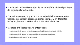 • Este modelo añade el concepto de idea transformadora (el principio
del cambio) al modelo satir.
• Este enfoque nos dice que todo el mundo viaja los momentos de
transición con altas y bajas en distintos tiempos y en diferentes
maneras. Es natural y esencial a la naturaleza humana.
• Las áreas principales de este enfoque son:
✓ La importancia de la toma de conciencia personal según la experimenta del individuo
✓ La importancia de la toma de responsabilidad por las propias situaciones
✓ La importancia del contexto social y cultural
 