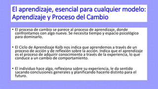 El aprendizaje, esencial para cualquier modelo:
Aprendizaje y Proceso del Cambio
• El proceso de cambio se parece al proceso de aprendizaje, donde
confrontamos con algo nuevo. Se necesita tiempo y espacio psicológico
para dominarlo.
• El Ciclo de Aprendizaje Kolb nos indica que aprendemos a través de un
proceso de acción y de reflexión sobre la acción. Indica que el aprendizaje
es el proceso de adquirir conocimiento a través de la experiencia, lo que
conduce a un cambio de comportamiento.
• El individuo hace algo, reflexiona sobre su experiencia, le da sentido
sacando conclusiones generales y planificando hacerlo distinto para el
futuro.
 