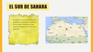 EL SUR DE SAHARA
Estos países son pobres y desarrollan una
agricultura de autoconsumo, el problema
de estos países es la presencia de áreas
desérticas en la parte norte lo cual lo hace
inhabitable.
 