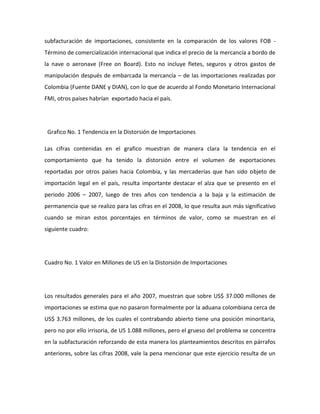 subfacturación de importaciones, consistente en la comparación de los valores FOB -
Término de comercialización internacional que indica el precio de la mercancía a bordo de
la nave o aeronave (Free on Board). Esto no incluye fletes, seguros y otros gastos de
manipulación después de embarcada la mercancía – de las importaciones realizadas por
Colombia (Fuente DANE y DIAN), con lo que de acuerdo al Fondo Monetario Internacional
FMI, otros países habrían exportado hacia el país.
Grafico No. 1 Tendencia en la Distorsión de Importaciones
Las cifras contenidas en el grafico muestran de manera clara la tendencia en el
comportamiento que ha tenido la distorsión entre el volumen de exportaciones
reportadas por otros países hacia Colombia, y las mercaderías que han sido objeto de
importación legal en el país, resulta importante destacar el alza que se presento en el
periodo 2006 – 2007, luego de tres años con tendencia a la baja y la estimación de
permanencia que se realizo para las cifras en el 2008, lo que resulta aun más significativo
cuando se miran estos porcentajes en términos de valor, como se muestran en el
siguiente cuadro:
Cuadro No. 1 Valor en Millones de US en la Distorsión de Importaciones
Los resultados generales para el año 2007, muestran que sobre US$ 37.000 millones de
importaciones se estima que no pasaron formalmente por la aduana colombiana cerca de
US$ 3.763 millones, de los cuales el contrabando abierto tiene una posición minoritaria,
pero no por ello irrisoria, de US 1.088 millones, pero el grueso del problema se concentra
en la subfacturación reforzando de esta manera los planteamientos descritos en párrafos
anteriores, sobre las cifras 2008, vale la pena mencionar que este ejercicio resulta de un
 