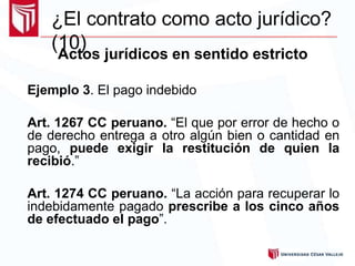 ¿El contrato como acto jurídico?
(10)
Actos jurídicos en sentido estricto
Ejemplo 3. El pago indebido
Art. 1267 CC peruano. “El que por error de hecho o
de derecho entrega a otro algún bien o cantidad en
pago, puede exigir la restitución de quien la
recibió.”
Art. 1274 CC peruano. “La acción para recuperar lo
indebidamente pagado prescribe a los cinco años
de efectuado el pago”.
 