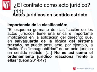 ¿El contrato como acto jurídico?
(11)
Actos jurídicos en sentido estricto
Importancia de la clasificación:
“El esquema germano de clasificación de los
actos jurídicos tiene una única e importante
implicancia en la aplicación del derecho: que,
en salvaguarda de la lógica del sistema
trazado, no puede postularse, por ejemplo, la
“nulidad” o “impugnabilidad” de un acto jurídico
en sentido estricto. […] No es así como el
ordenamiento jurídico reacciona frente a
ellas” (León 2014:47)
 