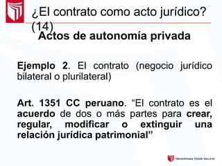 ¿El contrato como acto jurídico?
(14)
Actos de autonomía privada
Ejemplo 2. El contrato (negocio jurídico
bilateral o plurilateral)
Art. 1351 CC peruano. “El contrato es el
acuerdo de dos o más partes para crear,
regular, modificar o extinguir una
relación jurídica patrimonial”
 