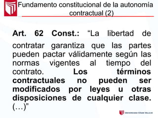 Fundamento constitucional de la autonomía
contractual (2)
Art. 62 Const.: “La libertad de
contratar garantiza que las partes
pueden pactar válidamente según las
normas vigentes al tiempo del
contrato. Los términos
contractuales no pueden ser
modificados por leyes u otras
disposiciones de cualquier clase.
(…)”
 