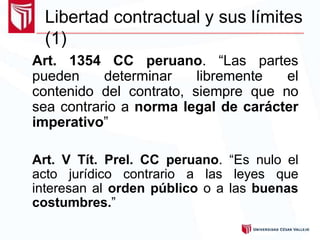 Libertad contractual y sus límites
(1)
Art. 1354 CC peruano. “Las partes
pueden determinar libremente el
contenido del contrato, siempre que no
sea contrario a norma legal de carácter
imperativo”
Art. V Tít. Prel. CC peruano. “Es nulo el
acto jurídico contrario a las leyes que
interesan al orden público o a las buenas
costumbres.”
 