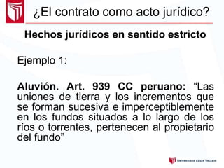 ¿El contrato como acto jurídico?
Hechos jurídicos en sentido estricto
Ejemplo 1:
Aluvión. Art. 939 CC peruano: “Las
uniones de tierra y los incrementos que
se forman sucesiva e imperceptiblemente
en los fundos situados a lo largo de los
ríos o torrentes, pertenecen al propietario
del fundo”
 
