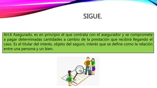 SIGUE.
Art.6 Asegurado, es en principio el que contrata con el asegurador y se compromete
a pagar determinadas cantidades a cambio de la prestación que recibirá llegando el
caso. Es el titular del interés, objeto del seguro, interés que se define como la relación
entre una persona y un bien.
 
