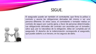 SIGUE.
El asegurado puede ser también el contratante, que firma la póliza o
contrato y asume las obligaciones derivadas del mismo o ser una
persona diferente. En estos casos, el contratante o tomador realiza un
contrato de seguro por cuenta ajena, a favor de personas determinadas.
Las obligaciones derivadas del contrato son asumidas por el tomador,
salvo que, por la naturaleza de la obligación, deba ser cumplida por el
asegurado. El derecho de la indemnización corresponde al asegurado,
que puede cederlo a un tercero, en los seguros de daño.
 