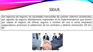 SIGUE.
Son agencias de seguros, las sociedades mercantiles de carácter colectivo constituidas
por agentes de seguros debidamente registrados en la Superintendencia que tienen
por objeto el negocio de ofrecer seguros a nombre de uno o varias empresas
aseguradoras, promover la celebración de los contratos y obtener renovación, LIS art.
80.
 