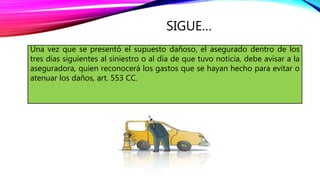 SIGUE…
Una vez que se presentó el supuesto dañoso, el asegurado dentro de los
tres días siguientes al siniestro o al día de que tuvo noticia, debe avisar a la
aseguradora, quien reconocerá los gastos que se hayan hecho para evitar o
atenuar los daños, art. 553 CC.
 