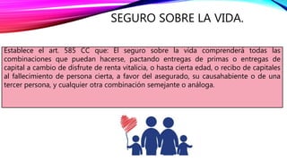SEGURO SOBRE LA VIDA.
Establece el art. 585 CC que: El seguro sobre la vida comprenderá todas las
combinaciones que puedan hacerse, pactando entregas de primas o entregas de
capital a cambio de disfrute de renta vitalicia, o hasta cierta edad, o recibo de capitales
al fallecimiento de persona cierta, a favor del asegurado, su causahabiente o de una
tercer persona, y cualquier otra combinación semejante o análoga.
 
