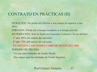 Prof.Gómez Armario 17
CONTRATO EN PRÁCTICAS (II)
DURACIÓN: No podrá ser inferior a seis meses ni superior a dos
años.
JORNADA: Puede ser a tiempo completo o a tiempo parcial.
RETRIBUCIÓN: Será la fijada en Convenio Colectivo. En su defecto:
1º año: 60% del salario de convenio
2º año: 75% del salario de convenio
EN NINGÚN CASO PODRÁ COBRAR MENOS DEL SMI
PERIODO DE PRUEBA
Un mes para titulados de Grado Medio
Dos meses para los titulados de Grado Superior
 