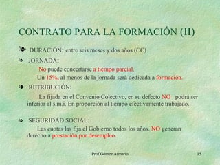 CONTRATO PARA LA FORMACIÓN  (II) DURACIÓN :  entre seis meses y dos años (CC) JORNADA :  No  puede concertarse  a tiempo parcial. Un  15%,  al menos de la jornada será dedicada a  formación. RETRIBUCIÓN : La fijada en el Convenio Colectivo, en su defecto  NO  podrá ser inferior al s.m.i. En proporción al tiempo efectivamente trabajado. SEGURIDAD SOCIAL: Las cuotas las fija el Gobierno todos los años.  NO  generan derecho a  prestación por desempleo. 
