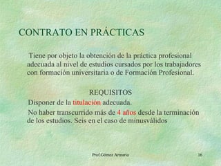 CONTRATO EN PRÁCTICAS Tiene por objeto la obtención de la práctica profesional adecuada al nivel de estudios cursados por los trabajadores con formación universitaria o de Formación Profesional. REQUISITOS Disponer de la  titulación  adecuada. No haber transcurrido más de  4 años  desde la terminación de los estudios. Seis en el caso de minusválidos 
