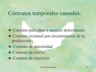 Contratos temporales causales: Contrato para obra o servicio determinado Contrato eventual por circunstancias de la producción Contrato de interinidad Contrato de relevo Contrato de inserción 
