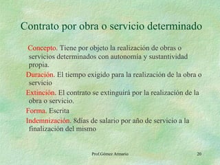 Contrato por obra o servicio determinado Concepto . Tiene por objeto la realización de obras o servicios determinados con autonomía y sustantividad propia. Duración . El tiempo exigido para la realización de la obra o servicio Extinción . El contrato se extinguirá por la realización de la obra o servicio. Forma . Escrita Indemnización . 8días de salario por año de servicio a la finalización del mismo 