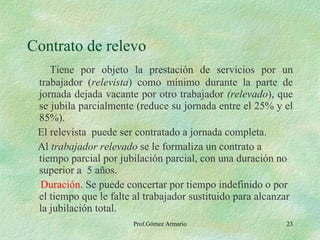 Contrato de relevo Tiene por objeto la prestación de servicios por un trabajador ( relevista ) como mínimo durante la parte de jornada dejada vacante por otro trabajador  (relevado ), que se jubila parcialmente (reduce su jornada entre el 25% y el 85%). El relevista  puede ser contratado a jornada completa. Al  trabajador relevado  se le formaliza un contrato a tiempo parcial por jubilación parcial, con una duración no superior a  5 años. Duración . Se puede concertar por tiempo indefinido o por el tiempo que le falte al trabajador sustituido para alcanzar la jubilación total. 