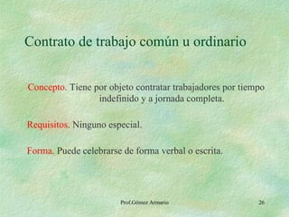Contrato de trabajo común u ordinario Concepto . Tiene por objeto contratar trabajadores por tiempo    indefinido y a jornada completa. Requisitos . Ninguno especial. Forma . Puede celebrarse de forma verbal o escrita. 