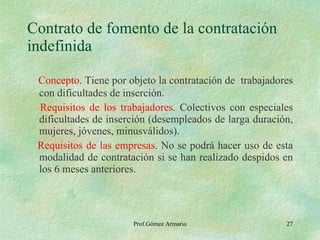 Contrato de fomento de la contratación indefinida Concepto . Tiene por objeto la contratación de  trabajadores con dificultades de inserción. Requisitos de los trabajadores . Colectivos con especiales dificultades de inserción (desempleados de larga duración, mujeres, jóvenes, minusválidos). Requisitos de las empresas . No se podrá hacer uso de esta modalidad de contratación si se han realizado despidos en los 6 meses anteriores. 