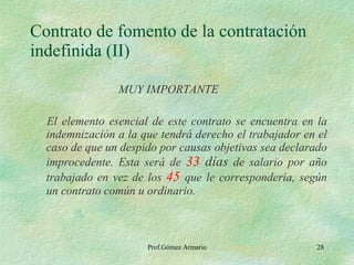 Contrato de fomento de la contratación indefinida (II) MUY IMPORTANTE El elemento esencial de este contrato se encuentra en la indemnización a la que tendrá derecho el trabajador en el caso de que un despido por causas objetivas sea declarado improcedente. Esta será de  33  días  de salario por año trabajado en vez de los  45   que le correspondería, según un contrato común u ordinario. 