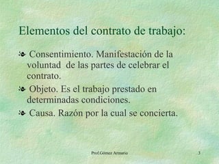 Elementos del contrato de trabajo: Consentimiento. Manifestación de la voluntad  de las partes de celebrar el contrato. Objeto. Es el trabajo prestado en determinadas condiciones. Causa. Razón por la cual se concierta. 