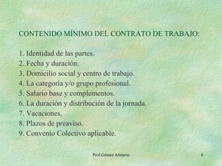 CONTENIDO MÍNIMO DEL CONTRATO DE TRABAJO: 1. Identidad de las partes. 2. Fecha y duración. 3. Domicilio social y centro de trabajo. 4. La categoría y/o grupo profesional. 5. Salario base y complementos. 6. La duración y distribución de la jornada. 7. Vacaciones. 8. Plazos de preaviso. 9. Convenio Colectivo aplicable. 