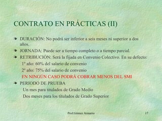 CONTRATO EN PRÁCTICAS (II) DURACIÓN: No podrá ser inferior a seis meses ni superior a dos años. JORNADA: Puede ser a tiempo completo o a tiempo parcial. RETRIBUCIÓN: Será la fijada en Convenio Colectivo. En su defecto: 1º año: 60% del salario de convenio 2º año: 75% del salario de convenio EN NINGÚN CASO PODRÁ COBRAR MENOS DEL SMI PERIODO DE PRUEBA Un mes para titulados de Grado Medio Dos meses para los titulados de Grado Superior Prof.Gómez Armario 