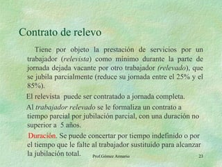 Contrato de relevo Tiene por objeto la prestación de servicios por un trabajador ( relevista ) como mínimo durante la parte de jornada dejada vacante por otro trabajador  (relevado ), que se jubila parcialmente (reduce su jornada entre el 25% y el 85%). El relevista  puede ser contratado a jornada completa. Al  trabajador relevado  se le formaliza un contrato a tiempo parcial por jubilación parcial, con una duración no superior a  5 años. Duración . Se puede concertar por tiempo indefinido o por el tiempo que le falte al trabajador sustituido para alcanzar la jubilación total. Prof.Gómez Armario 
