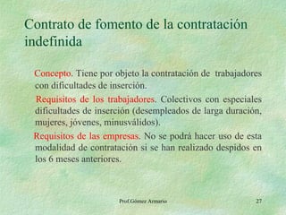 Contrato de fomento de la contratación indefinida Concepto . Tiene por objeto la contratación de  trabajadores con dificultades de inserción. Requisitos de los trabajadores . Colectivos con especiales dificultades de inserción (desempleados de larga duración, mujeres, jóvenes, minusválidos). Requisitos de las empresas . No se podrá hacer uso de esta modalidad de contratación si se han realizado despidos en los 6 meses anteriores. Prof.Gómez Armario 
